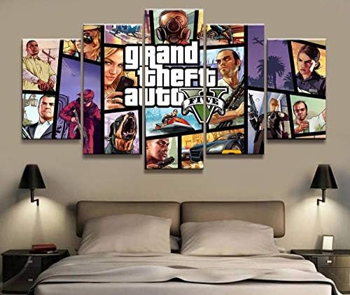 TKKXQT Prints on Canvas,5 Panel Gta 5 Game Painting Living Room Decor Artworks Modern Poster Size B