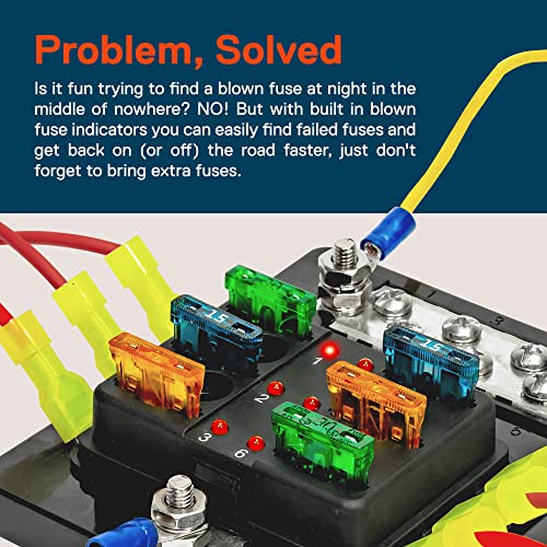 6 Way Blade Fuse Box with Ground Negative Bus bar for Automotive [ATC/ATO Blade Fuses] [100 Amp