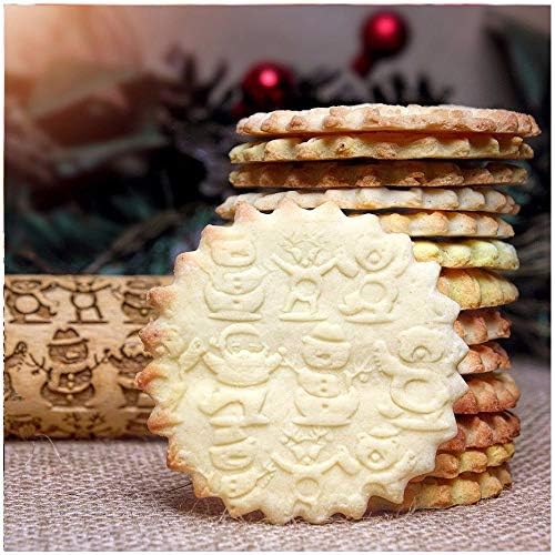 Natural Wood Rolling Pin,Christmas Wooden Engraved Embossing Rolling Pin Embossed Kitchen Tool (38 CM Snowman)