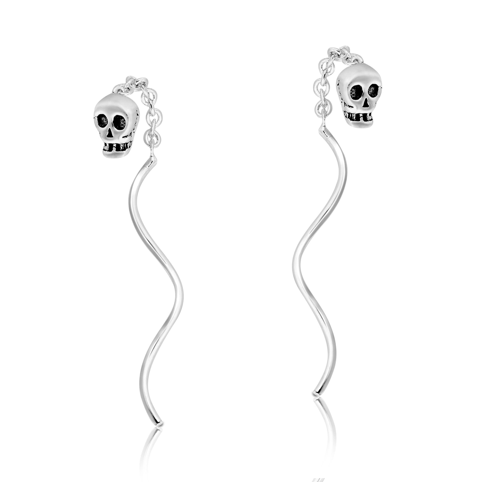 AeraVida Gothic Tiny Skull Chain Slide Threader .925 Sterling Silver Dangle Earrings