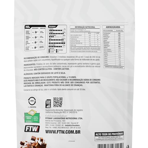 FTW 100% Whey Protein com Proteína Concentrada WPC, para Atletas com Alto Valor Biológico, Suplemento Pós-Treino Sem Glúten - Refil 1kg (Chocolate Double)