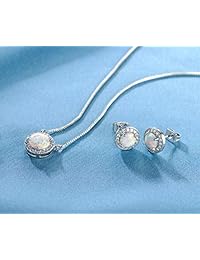 DwearBeauty Pendientes de ópalo chapados en oro blanco y collares de ópalo, base chapada en oro blanco, Round-Shape White Gold