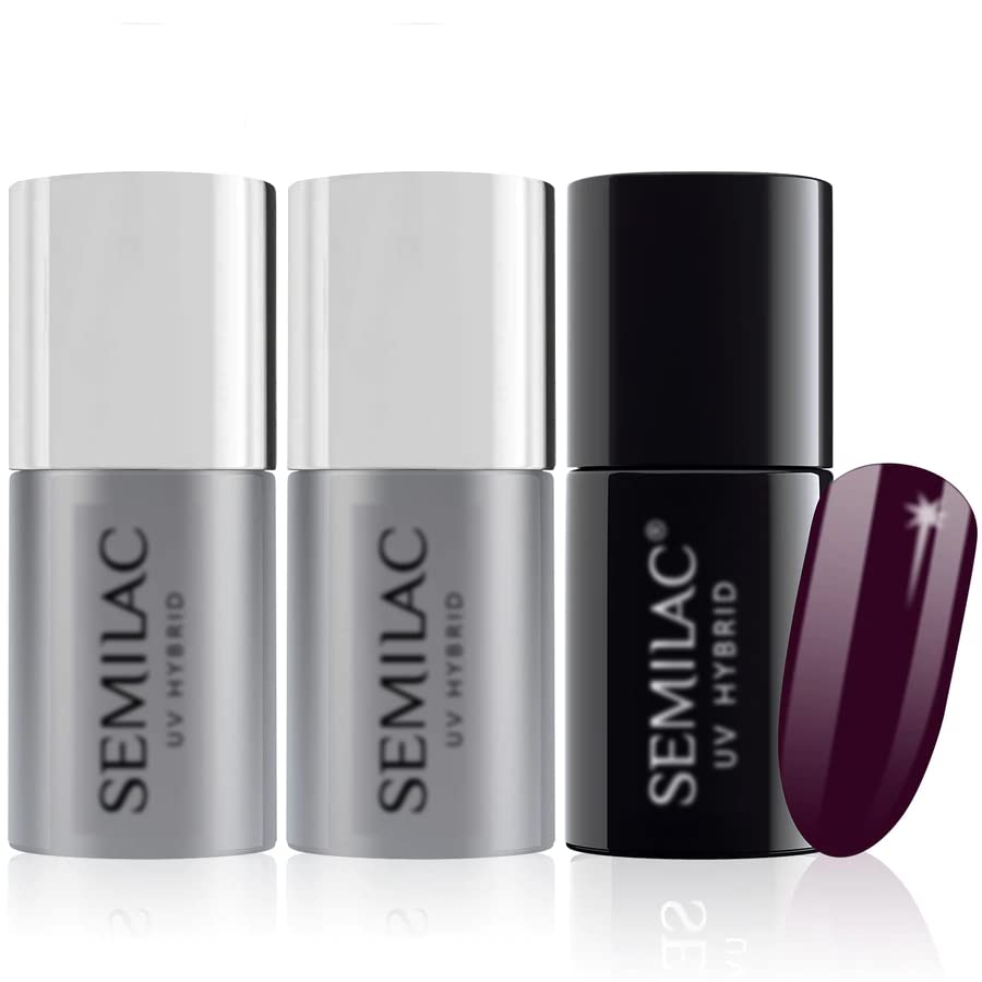Semilac Base Coat, Top Coat & UV Gel Colour Polish. Long Lasting, Chip Resistant & Easy To Apply. 099 Dark Purple Wine Colour UV Gel Nail Varnish. Perfect For Manicure or Pedicure.