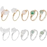 UNICRAFTALE 10pcs Chakra Crystal Stone Ring Spiritual Irregular Gemestone Adjustable Rings Lampwork Wire Wrapped Colorful Natural Stone Jewelry for Women