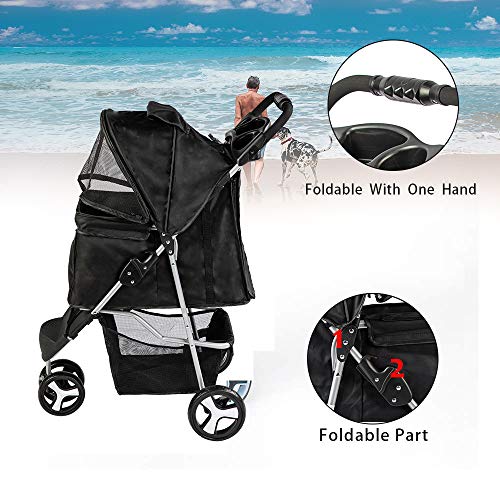 Besthls Pet Stroller for Cats/Dogs, 3 Wheel Dog Stroller with Removable Liner, Storage Basket and Cup Holder, Bonus Rain Cover - Thumbnail 3