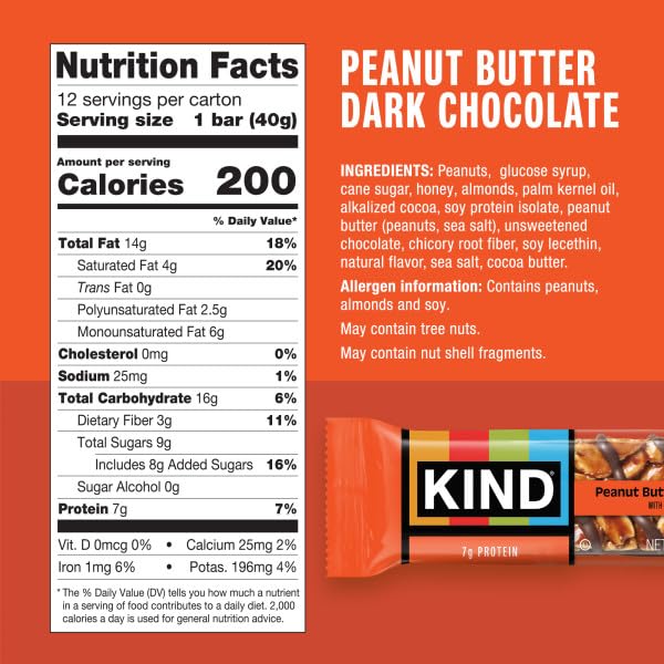 KIND HEALTHY SNACKS BARS, PEANUT BUTTER DARK CHOCOLATE, GLUTEN FREE, LOW SODIUM SNACKS, 7G PROTEIN, 12 COUNT