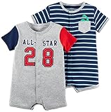 Carter's Baby Boys' 2-Pack Snap up Romper, Allstar/Blue Stripe, 3 Months
