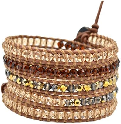 Adjustable Natural Genuine Leather Wrap Bracelet Mix Color India Agate Handmade with Care,5 Wraps (Two)