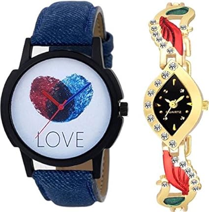 SWADESI STUFF Analogue Multicolor Leather Strap and Kundan Golden Couple Watch for Men and Women - Combo Pack