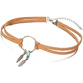 Boho Feather Turquoise Leather Choker Necklace for Women Bohemian Handmade Leaf Layered Black Brown Suede Cowgirl Cowboy Necklace for Western Style Country Party Trendy Jewelry Gifts (Light brown)