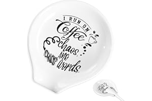RAOSIME Coffee Spoon Rest and Spoon,Funny Coffee Quote Ceramic Coffee Spoon Holder-Station Decor Coffee Bar Accessories-Gifts for Coffee Lovers (I Run On Coffee)