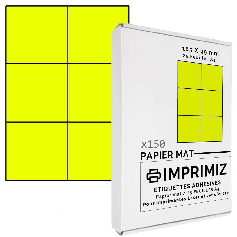 150 Self-Adhesive Fluorescent Yellow Labels 105 x 99 mm – 6 Labels per Sheet – 25 Sheets of Adhesive A4 Coloured Paper – for Inkjet and Laser Printing