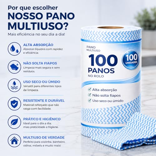Rolo 100 Panos Multiuso Tipo Perfex Lavável Reutilizável Secagem Rápida 100 Panos 25x30cm para Cozinha Vidros Móveis Lavanderia (1 Rolo)
