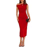 IHOT Women's Sleeveless One Shoulder Bodycon Ruched Slit Wedding Guest Cocktail Midi Dress