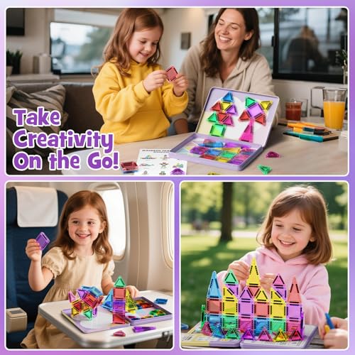 MEIQ 42-Piece Mini Magnetic Tiles Travel Set with Metal Storage Box - Portable STEM Building Blocks for Kids Ages 3-8, Montessori Educational Toys for Airplane & Car Rides, Gift for Boys & Girls