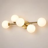 Gold Brass Globe Vanity Light - Modern Milk Glass 5-Shades Light Fixture | White Alabaster Sphere Wall Sconce – Mid Century B
