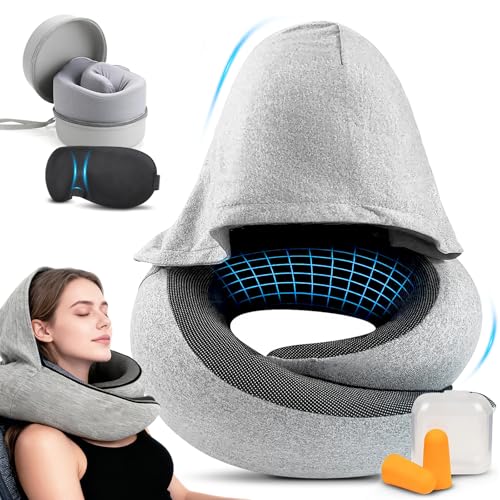 Aeroplane Neck Pillow, Travel Pillow, Adjustable Travel Pillow, Memory Foam with Hood, Supports Head, Neck, Neck Pillow, Adult with Sleeping Mask, Earplugs, Carry Bag for Plane, Car, Train