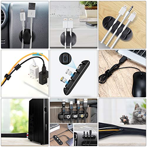 Cord Management Organizer Kit 4 Cable Sleeve with 10 Pack Self Adhesive Black Cable Clip Holders