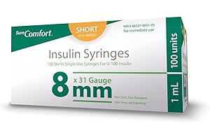 SureComfort U-100 Insulin Syringes 31G x 5/16" 1cc (8 mm), Quality Disposable Syringes for Diabetes Care, Box of 100