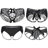 Nightaste Women's Black Bow-Knot Thong Underwear 4-Pack Lace Silk Panties