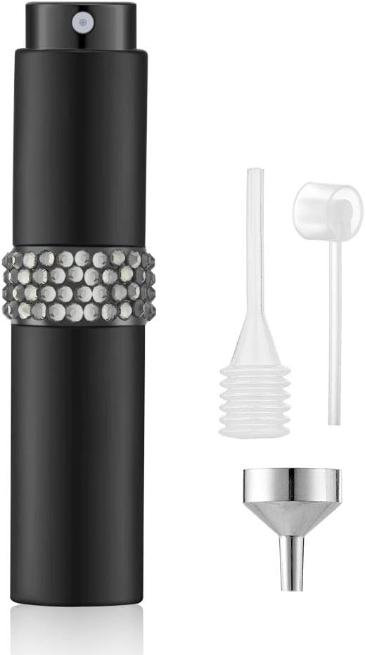 8ml Travel Perfume Atomizer Refillable for Men & Women. Empty Spray Bottle with Rhinestone Decoration Design（0.27Oz，Matte Black)