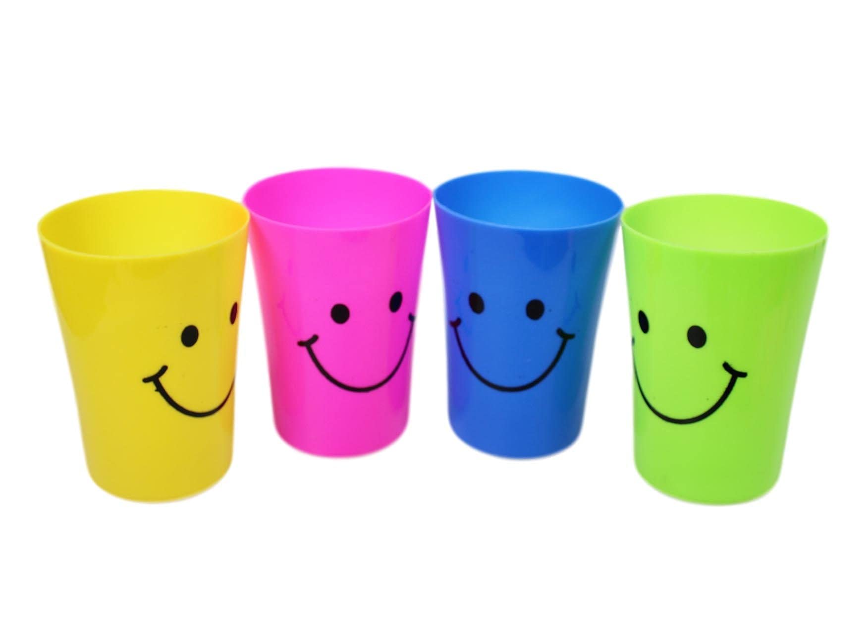 RARA Smiley Face Cups Kids Children Plastic Color Drinking Cups - Reusable Tumblers Mugs for Garden Party BBQ or General Use at Home, Pack of 4