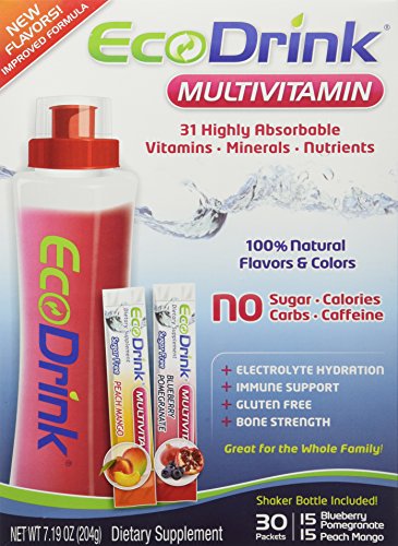 Ecodrink Multivitamin 31 Highly Absorbable Vitamins, Minerals, Nutrients with No Sugar/ Calories/ Carbs/ Caffeine- 30 Packets and Shaker Bottle Included (15 Packets Blueberry Pomegranate, 15 Packets Peach Mango) 7.19 Oz Dietary Supplement Ecodrink Multivitamin 31 Highly Absorbable Vitamins, Minerals, Nutrients with No Sugar/ Calories/ Carbs/ Caffeine- 30 Packets and Shaker Bottle Included (15 Packets Blueberry Pomegranate, 15 Packets Peach Mango) 7.19 Oz Dietary Supplement