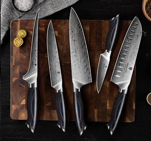 SANMEIHO Professional Kitchen Knife Set 5 Pieces, Japanese Powder Steel 63 HRC, Ultra Sharp Kitchen Knife Set 12°, Natural Wood Handle