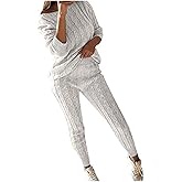 Molisry Women Cable Knitted 2 Pieces Outfits Long Sleeve Sweater Pullover Top Long Pants Lounge Sets Autumn Winter