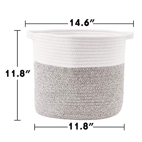 HITSLAM Woven Rope Basket with Handles, Collapsible Laundry Basket, Cotton Storage Basket for Towels Blanket Toys (Gray) - M - Thumbnail 4