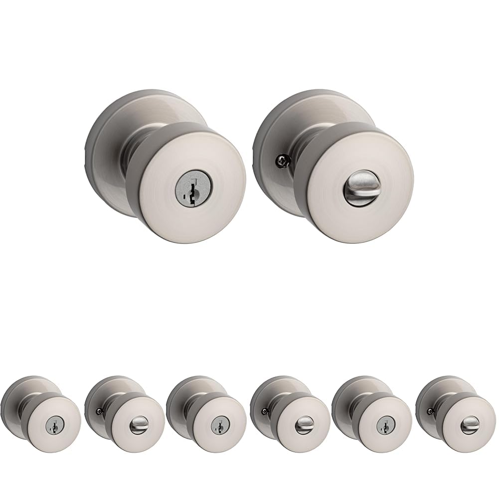Kwikset Pismo Entry Door Knob with Lock and Key, Secure Keyed Handle Exterior, Front Entrance and Bedroom, Satin Nickel, Pick Resistant SmartKey Rekey Security and Microban (Pack of 4) Image