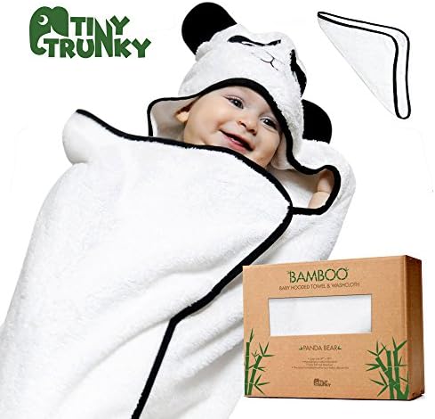 Tiny Trunky Premium Panda Bamboo Baby Hooded Towel with FREE Bath Washcloth - ULTRA SOFT, Organic Bamboo, Antibacterial, Hypoallergenic Towel for Infants - Keeps Newborn Baby Toddlers Dry &amp; Warm