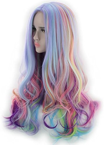 ATAYOU Long Curly Rainbow Hair Wigs Multi-Colored Long Wave Cosplay Wig For Women Halloween Karneval Wig + Wig Cap (Colorfull) - Image 5
