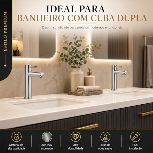 Torneira de Banheiro Luxo, Aço Inox Cromado, Quadrada 1/4 Volta, Bancada Alta, 305mm Altura