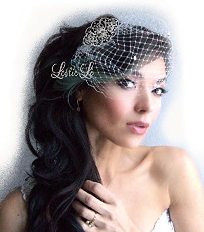 Leslie Li Women's Lacey Ribbons and Swirls Brooch and Petite Bridal Birdcage Veil French Net &amp; Free Styling One Size Ivory/Silver 27-531
