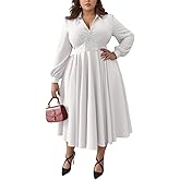 Women's Plus Size Maxi Dress Long Sleeves V Neck Button Down A Line Swing Dress