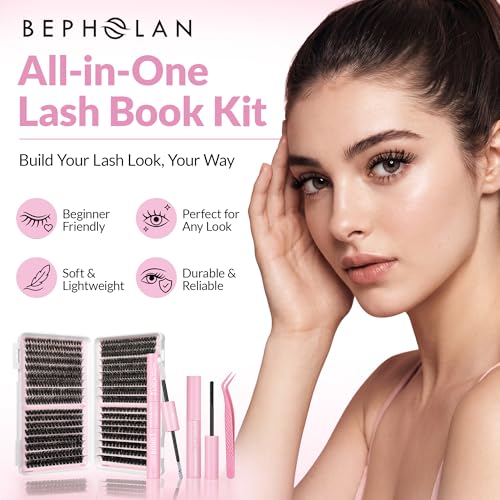 BEPHOLAN Cluster Lashes Kit 608Pcs Lash Book with Glue and Remover and Lash Tweezer Individual EyeLashes D Curl Eyelash Extensions for DIY Eye Lashes Clusters at Home 8-16mm (60D+80D+100D+120D)