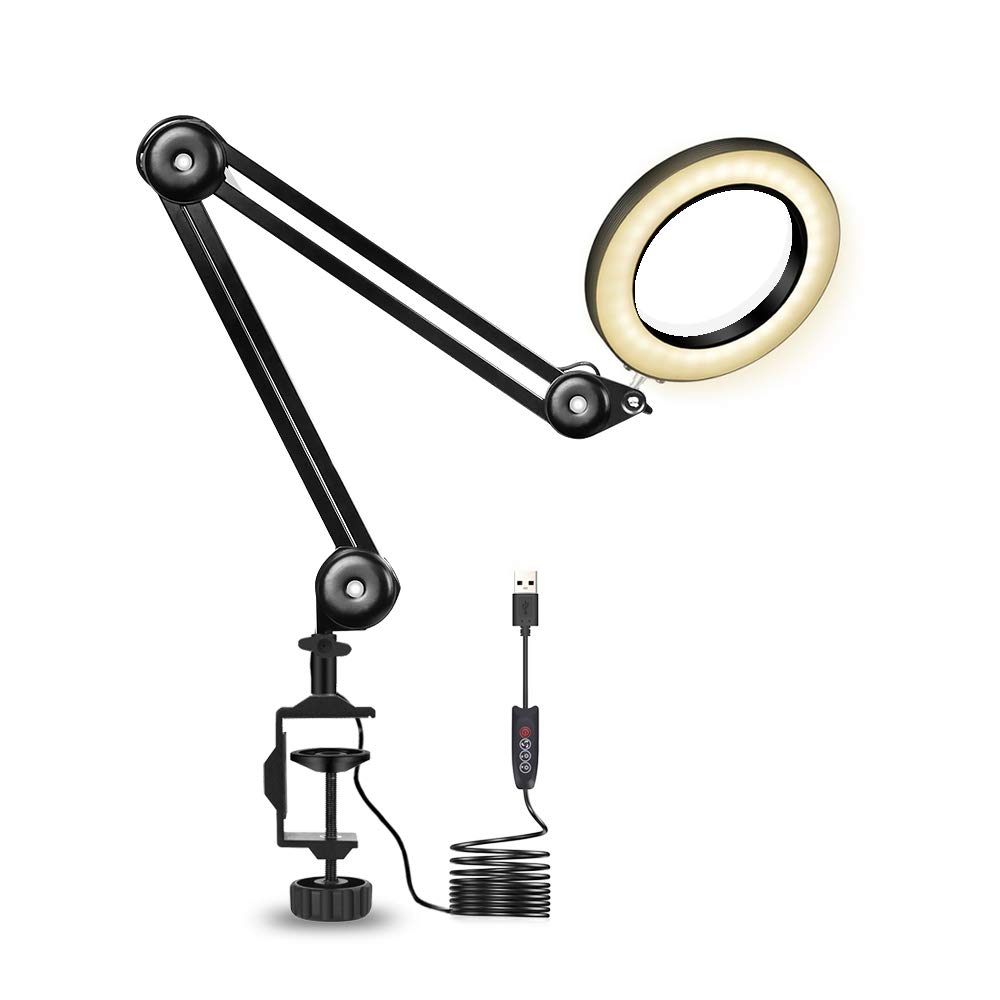 LED Magnifying Lamp, NEWACALOX Dimmable Super Bright 3 Colors Illuminated Magnifier Lamps with Clamp, 5-Diopter Magnifier Adjustable Swivel Arm lamp for Table Craft or Workbench