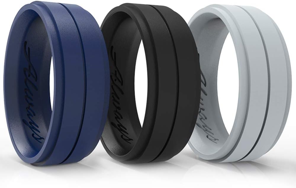 Silicone Weddings Rings for Men by ARUA. 3-PACK. Comfortable and Durable Rubber Wedding Bands for Sports, Gym, Outdoors. 2mm thick.Black, Grey, Blue