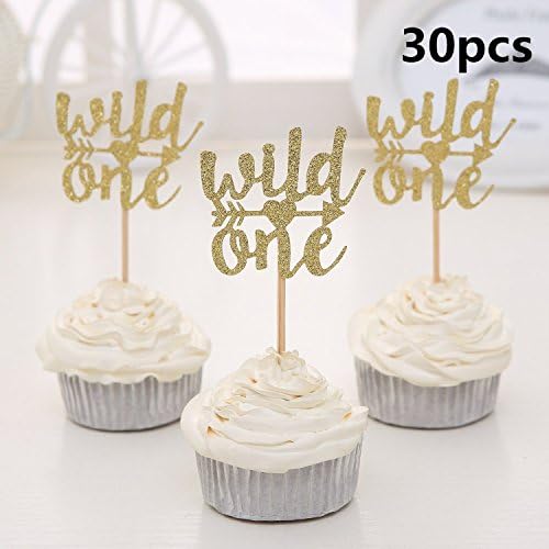 30pcs Gold Glitter Wild One Cupcake Toppers Baby's First Birthday Party Decoration