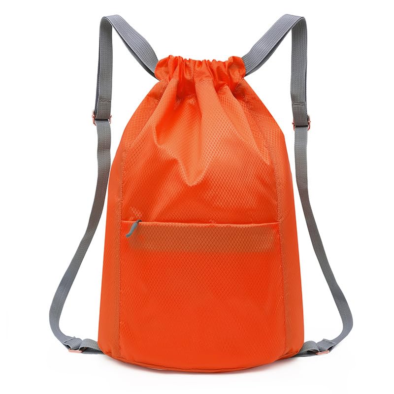 Drawstring Gym Bag Waterproof Swimming Bags Large Sports Backpack Foldable Draw String Bag for School Sports Storage Beach Travel Personalised Sackpack for Men Women Kids Girls Students (Orange)