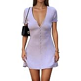GCZREN Women Sexy Deep V Neck Button Front Knit Mini Dress Elegant Short Sleeve Ribbed Flowy Hem A-Line Short Dress