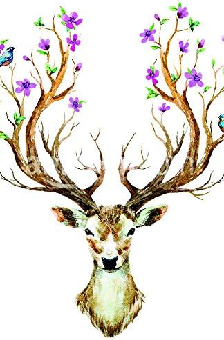 watercolor illustration isolated deer, big antlers, flowers and birds on the horns, branches cherry flowering plant Poster Print, 11" x 17"