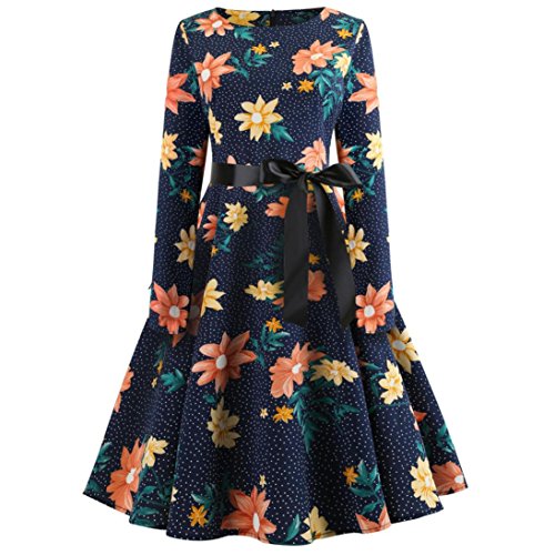 Women Dress Voberry Women Vintage Print Long Sleeve Casual Evening Party Prom Swing Dress