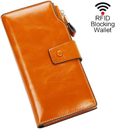Women’s RFID Blocking Wallet Super Large Capacity Luxury Purse Oil Waxed Cowhide Leather Clutch Wallet with Gift Box & Zipper Pocket for iPhone 8/7 Plus & 20 Card Slots Perfect for Female Gift (Brown)