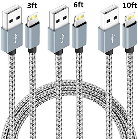 iPhone Charger,NANMING Lightning Cable 3Pcs 3FT 6FT 10FT Extra Long Nylon Braided Charging Cable Cord Lightning to USB Cable for iPhoneX /8Plus 7/7Plus/6/6s/6 plus/6s plus,5/5s/5c,iPad (Grey+White)