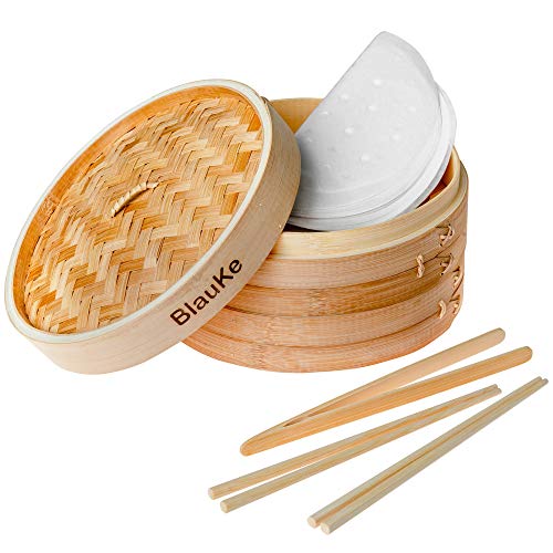 Bamboo Steamer Basket 10 Inch - Handmade Wooden Steamer with 2 Tier Baskets, Lid, 2 Pairs of Chopsticks, Tongs and 50 Liners - Kitchen Steamer Basket for Cooking Dumplings, Vegetables, Meat or Fish