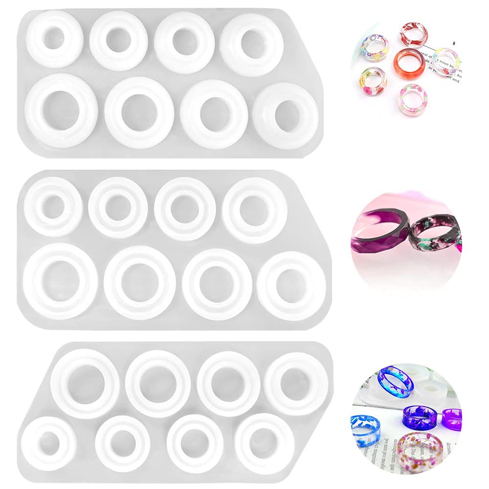 3Pcs Different Shapes Silicone Resin Ring Mold, SENHAI 8 Sizes Ring Jewelry Resin Casting Mold, for DIY Rings, Earrings, Necklace Pendants, Keyrings, Crafts, Decorations Making