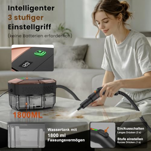 GalhanEhe 14 in 1 Steam Cleaner, 3 Levels Adjustable Handle, Temperature Display, 15s in Heating, 1.8L Tank, for Kitchen, Bathroom, Car and Furniture (Black and Gold)