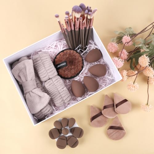Vicloon Makeup Brush Set, 40 Pieces Professional Makeup Brush Set with Beauty Blender, Powder Puffs, Headband, Premium Brushes Set for Foundation Concealer Brown